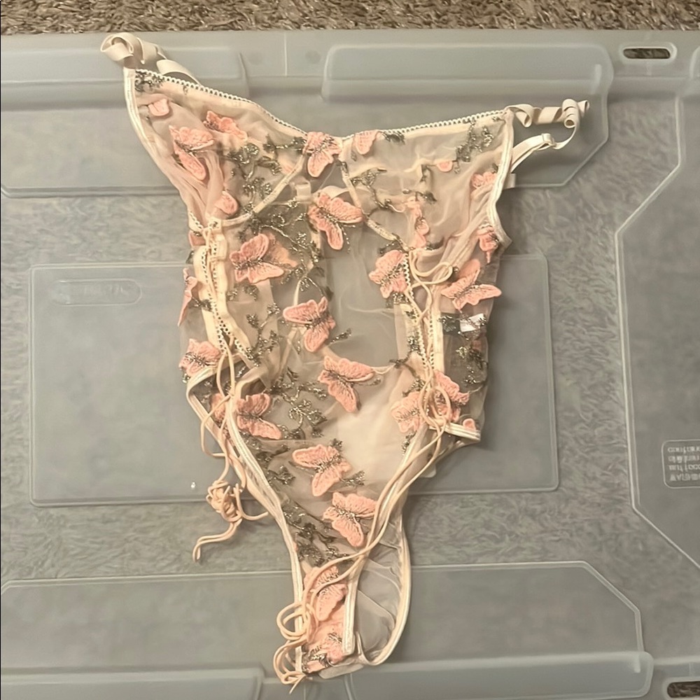 Pink and Cream Butterfly Embellished Bodysuit